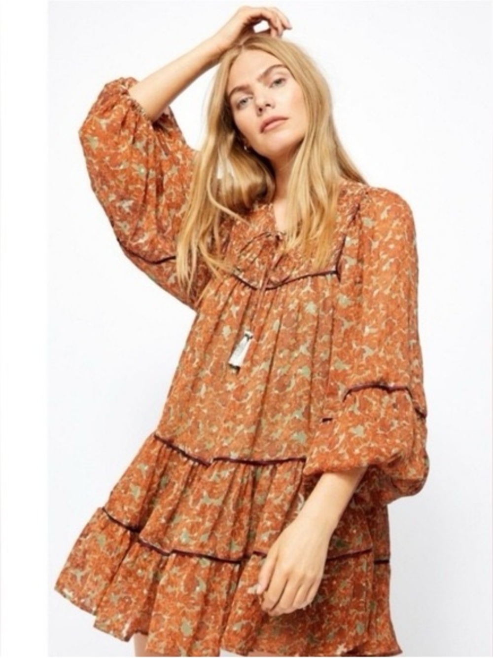 BWT Free People “Swinging” Peasant Dress in Rust Floral